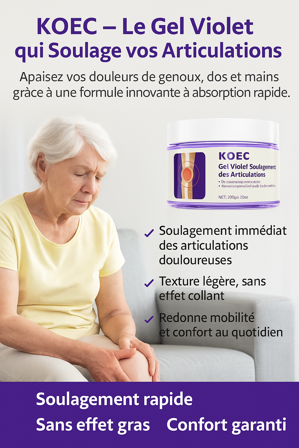 KOEC – Gel Violet de Massage Soulage Instantanément les Douleurs Articulaires et Musculaires